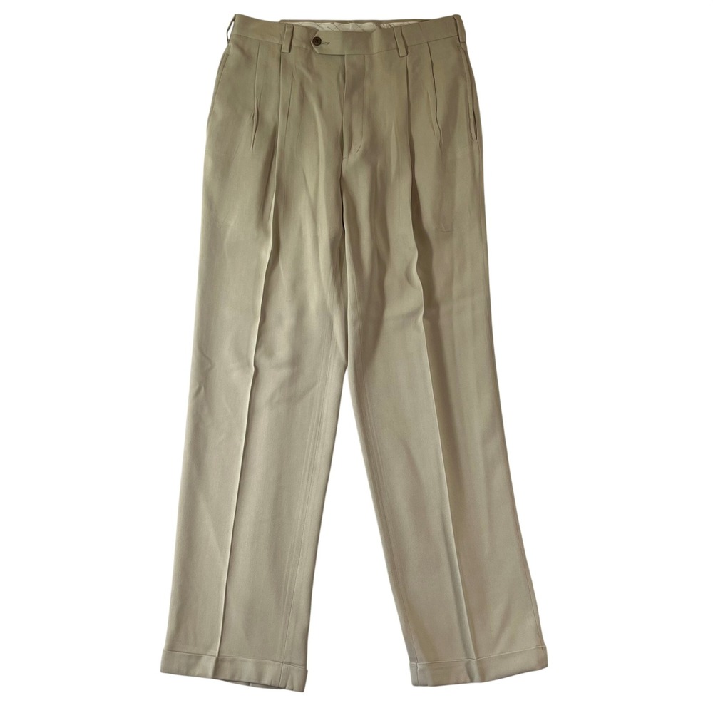 Jos A Bank 100% Silk Pants Men 33x32 Herringbone Pleated Cuffed Dress Tan
